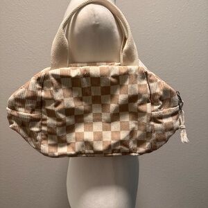 Elegant Checkered Tan and Cream Cosmetic Bag